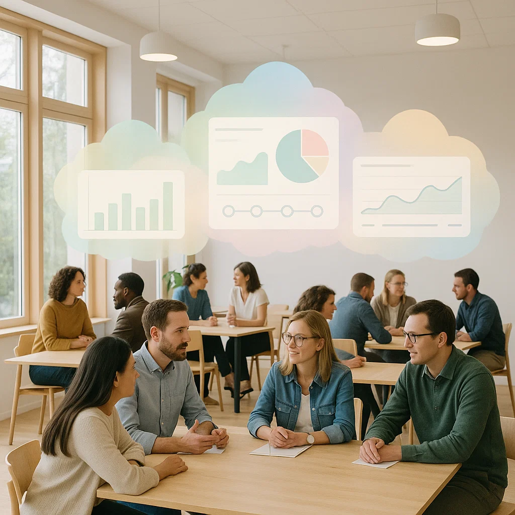 Corporate workshop in progress with multiple breakout sessions, people collaborating around tables, modern conference room with large screens showing real-time analytics