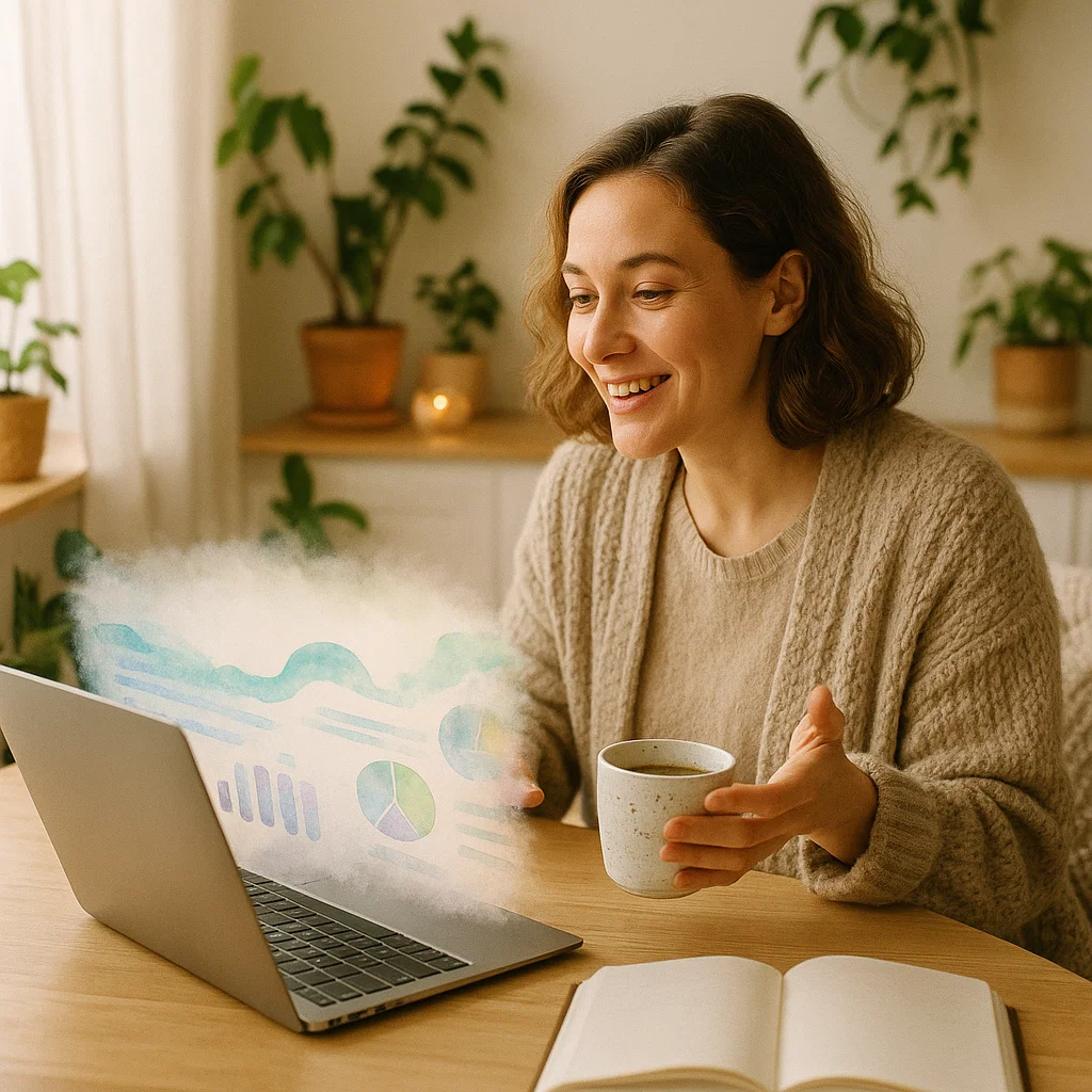 Person conducting video interview with AI, modern home office setup with laptop, headphones, and professional lighting, showing friendly conversation