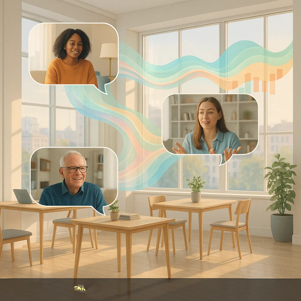 Modern office workspace with multiple screens showing interview analytics dashboards, clean corporate environment with glass walls and contemporary furniture